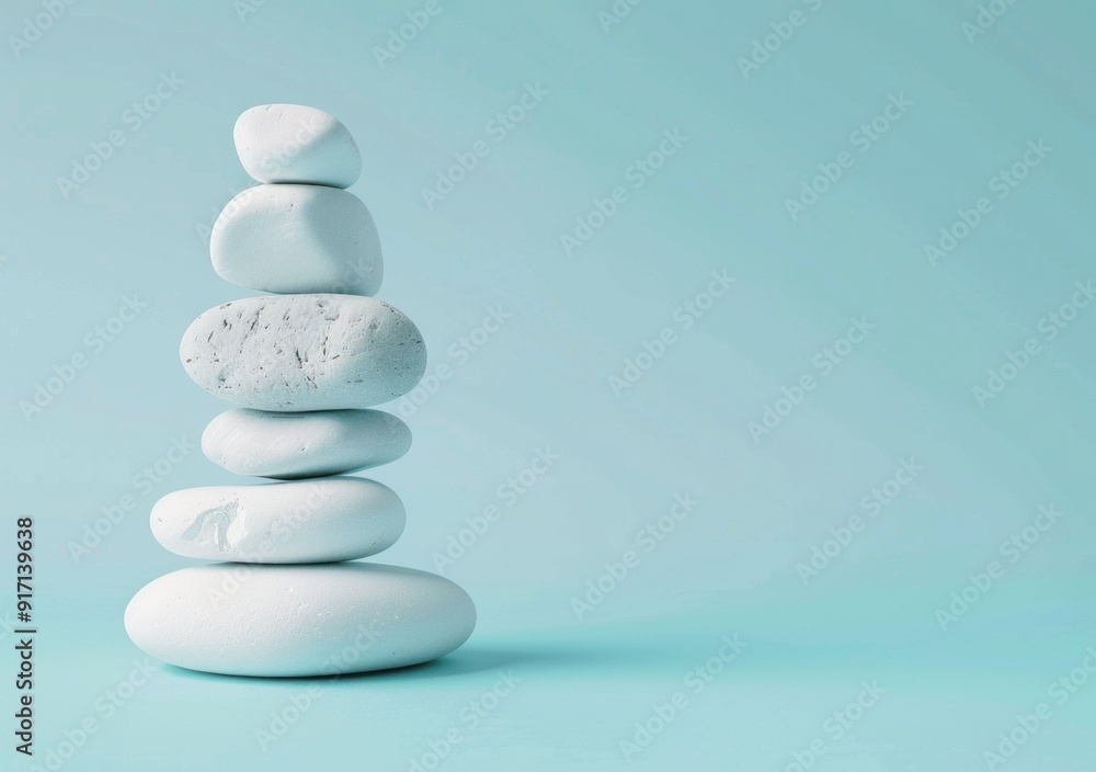 Obraz premium Stacked white stones on a soft blue background, symbolizing balance and tranquility