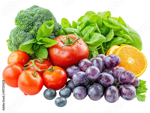 Fresh assortment of colorful vegetables and fruits, including tomatoes, broccoli, oranges, and grapes, perfect for healthy meals.