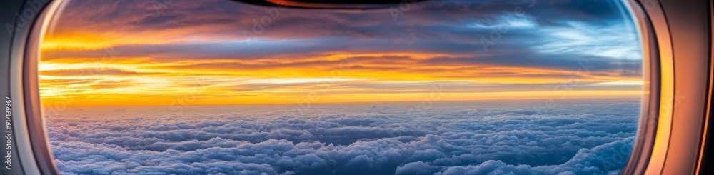 Sunset Grandeur: A Spectacular View Through an Airplane Window, Highlighting the Majestic Colors of the Setting Sun Sunset Grandeur: A Spectacular View Through an Airplane Window, Highlighting the Majestic Colors of the Setting Sun