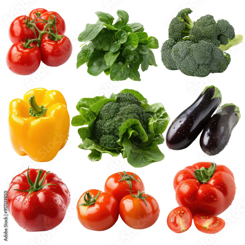 Fresh assortment of colorful vegetables including tomatoes, broccoli, spinach, and bell peppers arranged neatly.