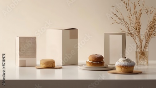 Wallpaper Mural packaging design for bakery items and espresso, minimalist style, clean lines, muted tones, elegant branding Torontodigital.ca