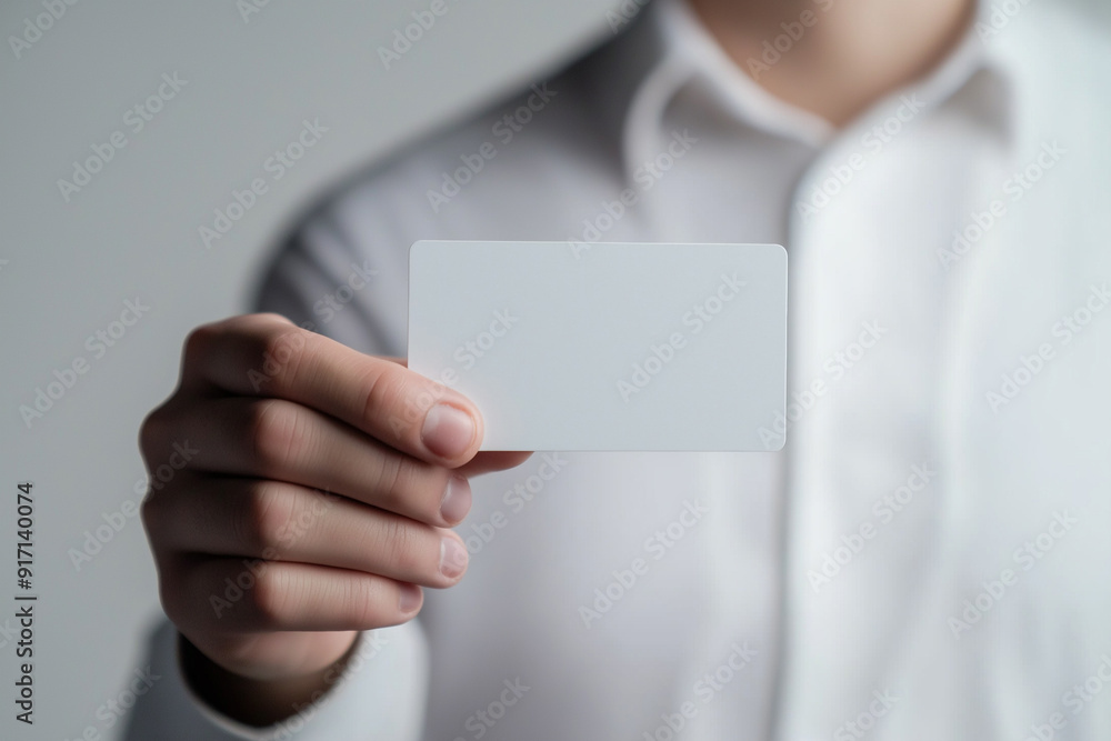 A closeup of a man's hand holding a plastic credit card, with the man showing a blank business card against a white studio background, providing copy space A closeup of a man's hand holding a plastic credit card, with the man showing a blank business card against a white studio background, providing copy space
