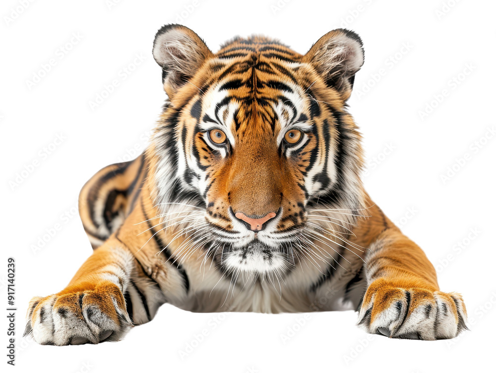Obraz premium A majestic tiger resting with intense gaze, showcasing its striking fur patterns and powerful physique, symbolizing strength and beauty.