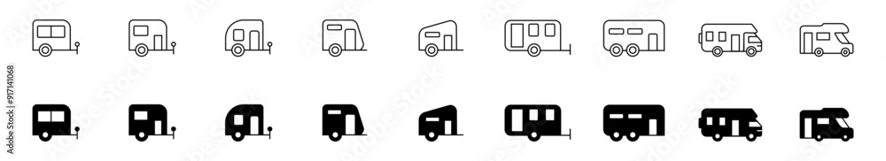 Set of icons camping car or trailer for camping in line style flat silhouette.