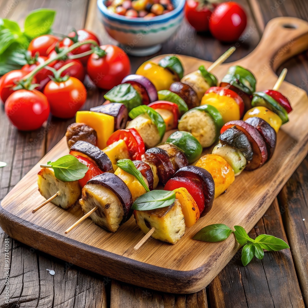 Grilled Vegetable and Sausage Skewers on Wooden Board, Food Photography, Vegetarian Recipes, Grilled Skewers, Summer Recipes Grilled Vegetable and Sausage Skewers on Wooden Board, Food Photography, Vegetarian Recipes, Grilled Skewers, Summer Recipes