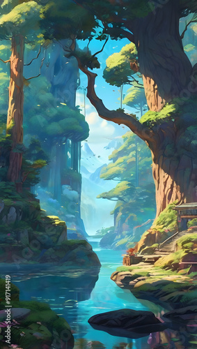 Anime nature wallpaper, a serene forest with towering ancient trees,