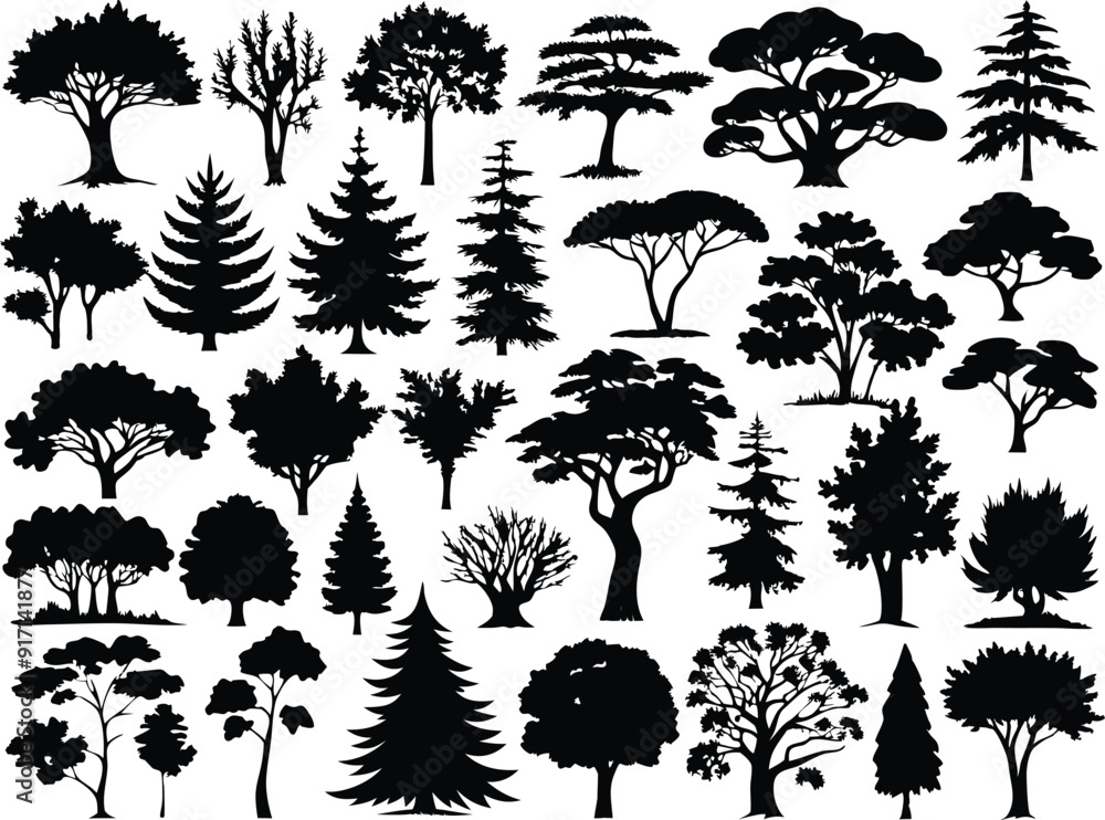 Fototapeta premium Collection of different park, forest, conifer cartoon trees silhouettes