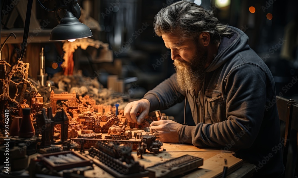 Man Crafting Wooden Model at Table Man Crafting Wooden Model at Table