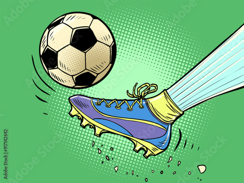 A football player kicks a soccer ball. Sports football training. World championships in sports disciplines.