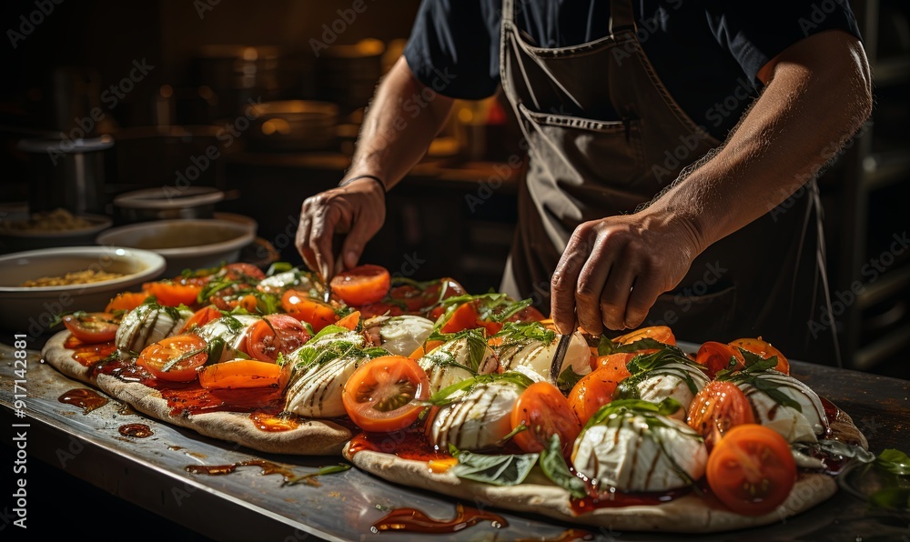 Chef Slicing Tomatoes on Pizza Chef Slicing Tomatoes on Pizza