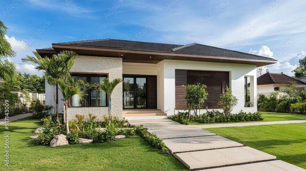 Modern tropical villa with a stone pathway and lush green lawn. Modern tropical villa with a stone pathway and lush green lawn.