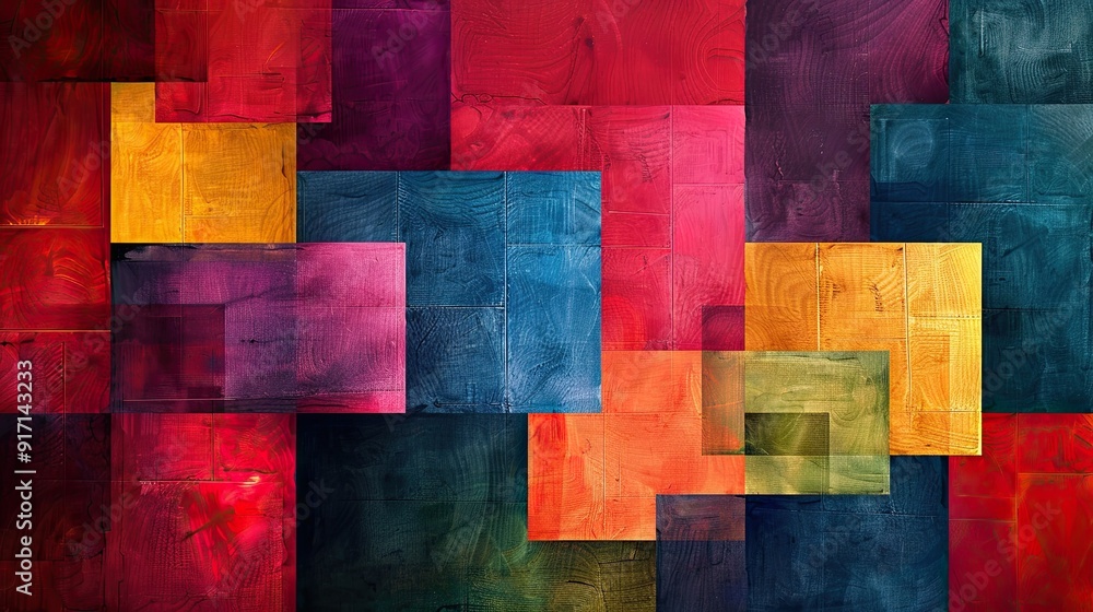An artistic composition with interlocking squares and rectangles in vibrant, contrasting colors, creating a sense of depth and movement An artistic composition with interlocking squares and rectangles in vibrant, contrasting colors, creating a sense of depth and movement