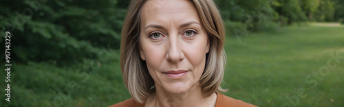 Portrait head shot of beautiful pensive Caucasian middle age woman with long light bob hair. Closeup face of happy calm real woman in park outside nature,