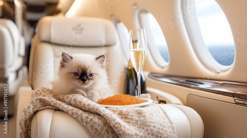 Luxury Siamese Cat in Private Jet with Champagne and Caviar