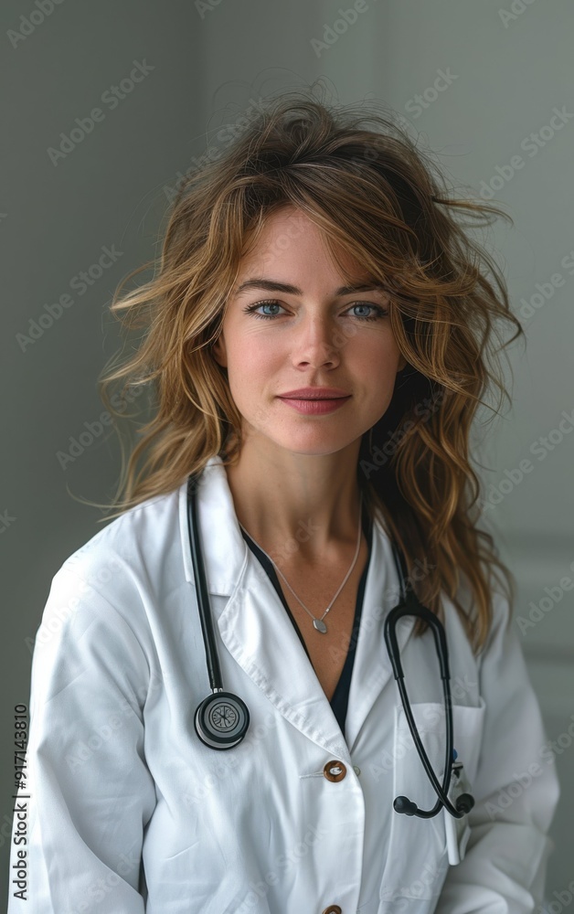 A woman in a white lab coat with a stethoscope around her neck. She is smiling and looking directly at the camera A woman in a white lab coat with a stethoscope around her neck. She is smiling and looking directly at the camera