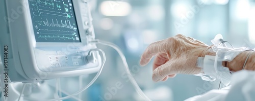 Elderly person in a hospital bed, connected to monitoring devices, with a focus on recovery from a stroke, Stroke recovery, Post-treatment care photo