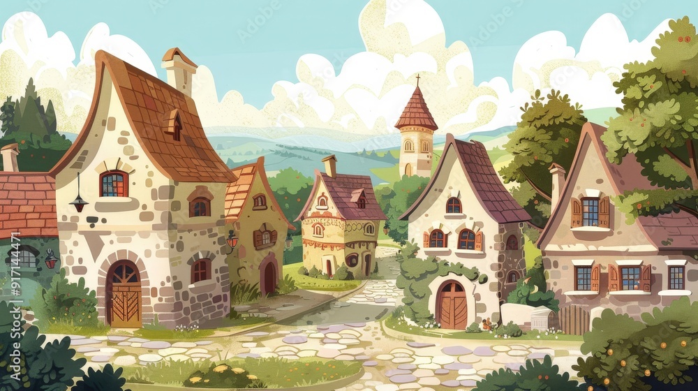 Imagine a vector graphic of a quaint village. Describe the cottages, cobblestone streets, and local charm that give it a cozy and welcoming feel. Imagine a vector graphic of a quaint village. Describe the cottages, cobblestone streets, and local charm that give it a cozy and welcoming feel.