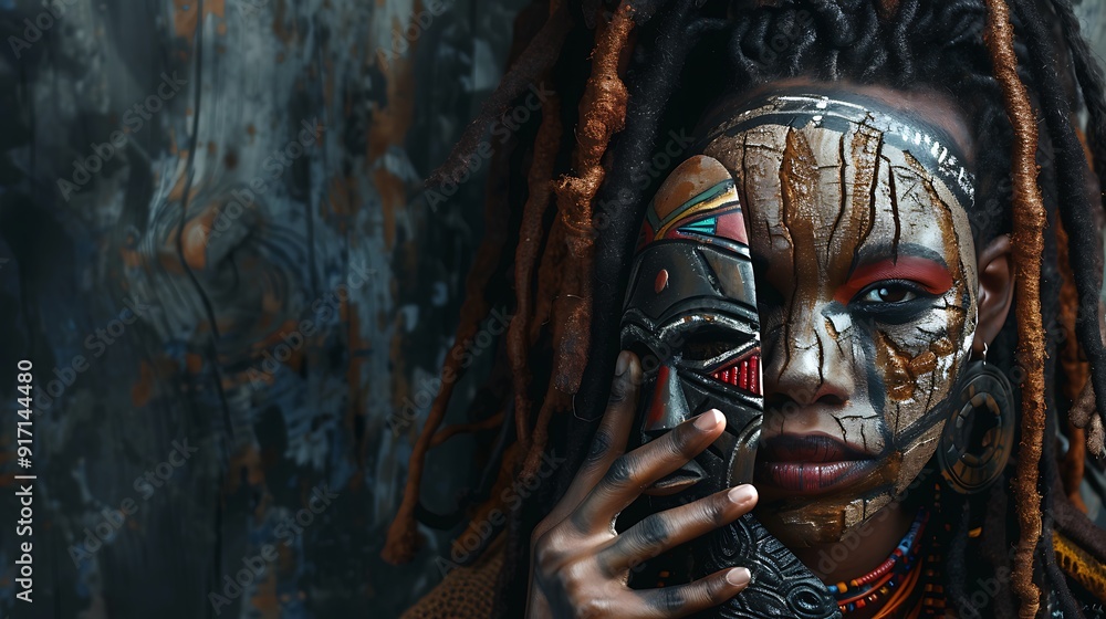 Close-up portrait of a woman with dreadlocks and face paint holding a wooden mask. Close-up portrait of a woman with dreadlocks and face paint holding a wooden mask.
