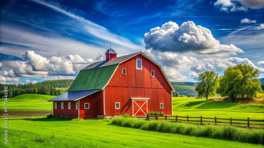 Red Barn in a Green Field, a Composition of Vibrant Colors and Lush Scenery, Wide-Angle Perspective, Rural Idyll, Farmhouse, Countryside , farm Red Barn in a Green Field, a Composition of Vibrant Colors and Lush Scenery, Wide-Angle Perspective, Rural Idyll, Farmhouse, Countryside , farm
