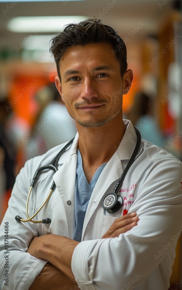 A man in a white coat is posing for a picture. He is a doctor and is wearing a stethoscope around his neck A man in a white coat is posing for a picture. He is a doctor and is wearing a stethoscope around his neck