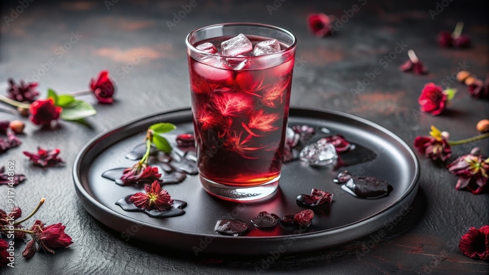 Refreshing Hibiscus Iced Tea with Ice Cubes, Black Tray, Red Flowers, Hibiscus Tea, Iced Beverage, Summer Drink , Flowers Refreshing Hibiscus Iced Tea with Ice Cubes, Black Tray, Red Flowers, Hibiscus Tea, Iced Beverage, Summer Drink , Flowers