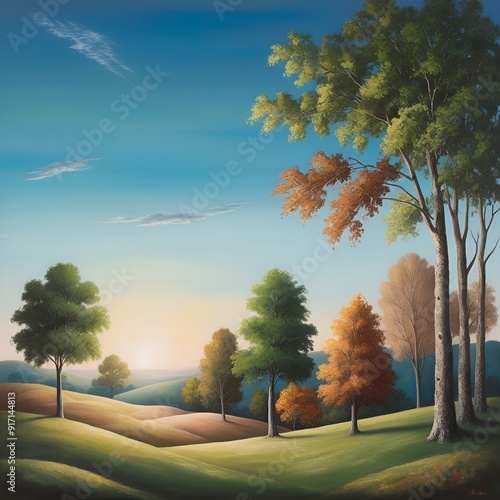 A serene landscape featuring a clear blue sky, green earth, and scattered trees creating a peaceful natural scene.   photo