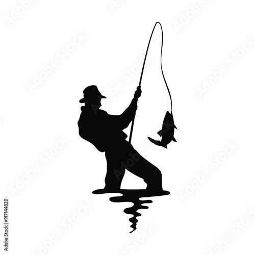 A fisherman stands in the water and catches fish with a fishing rod.