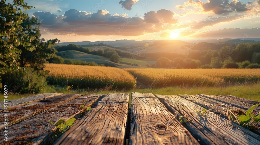 Fototapeta premium Wooden table in front of summer landscape with fields and sunset