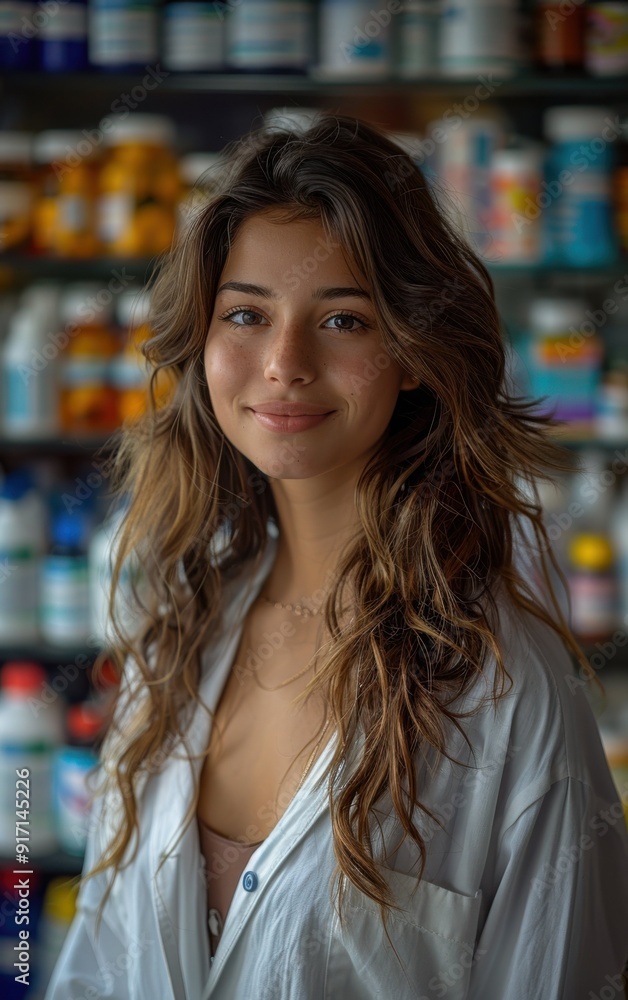 A woman with long brown hair is smiling in front of a pharmacy. She is wearing a white shirt and a necklace A woman with long brown hair is smiling in front of a pharmacy. She is wearing a white shirt and a necklace