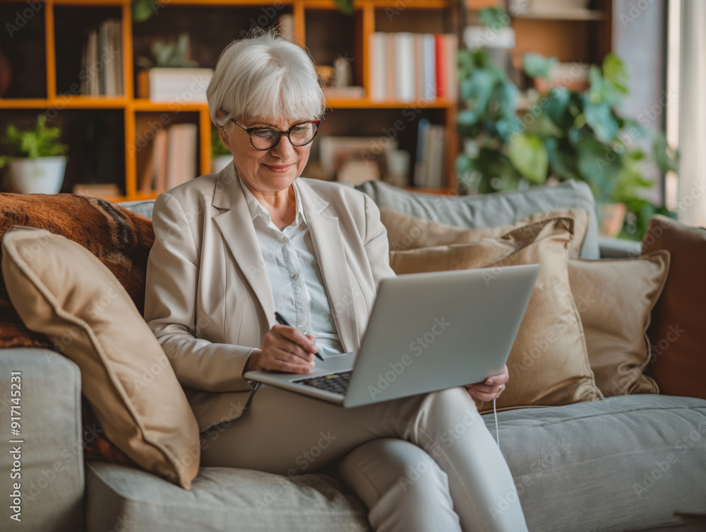 A woman in a suit is sitting on a couch and using a laptop A woman in a suit is sitting on a couch and using a laptop