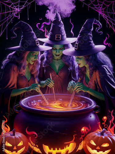 three witches making potion halloween themed poster generative ai 