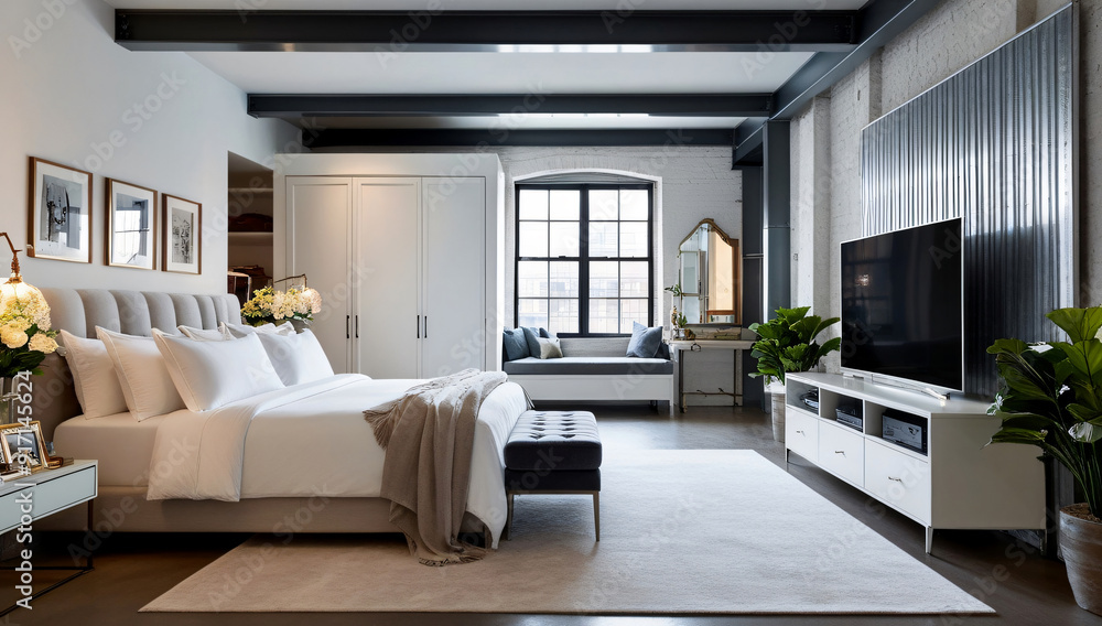 Pure white color main bedroom model, Loft Style Pure white color main bedroom model, Loft Style