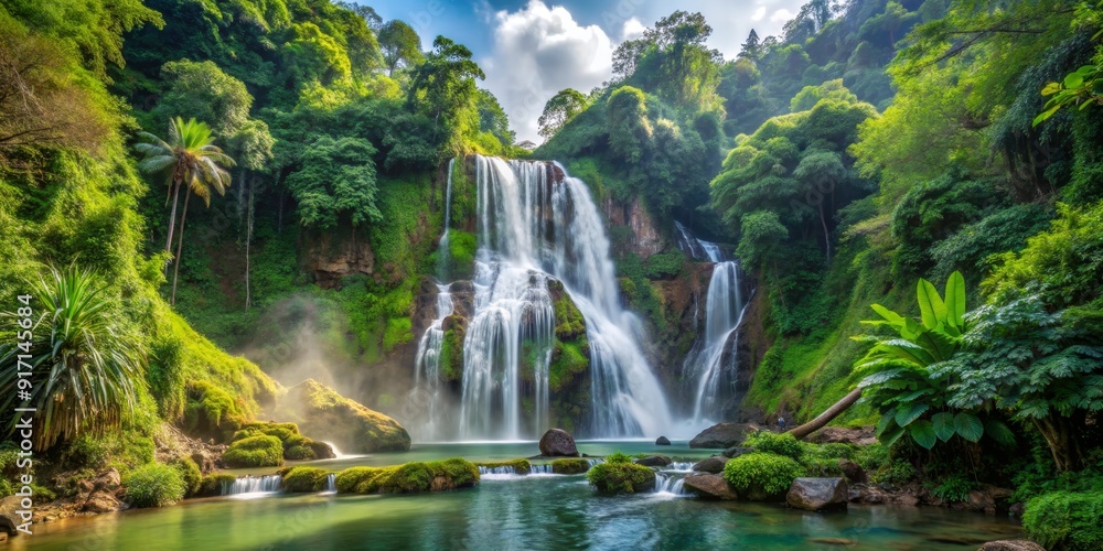 Serene Waterfall Cascading Through Lush Jungle, Landscape Photography, Waterfall, Rainforest, Nature , waterfall, jungle Serene Waterfall Cascading Through Lush Jungle, Landscape Photography, Waterfall, Rainforest, Nature , waterfall, jungle