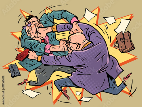 Male office employees in suits fight with each other. Business competition between companies. Problems with communication within the team.