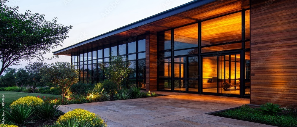 Fototapeta premium A modern house exterior with large windows, warm lighting, and landscaped garden at dusk, showcasing contemporary architecture.