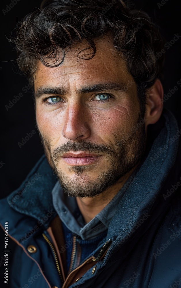 A man with a beard and blue eyes is wearing a black jacket. He has a serious expression on his face A man with a beard and blue eyes is wearing a black jacket. He has a serious expression on his face