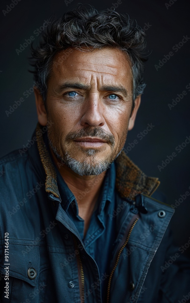 Obraz premium A man with a beard and blue eyes is wearing a blue jacket. He is smiling and looking at the camera