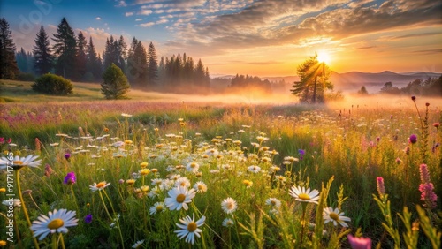 Sunrise Through the Fog in a Meadow of Daisies, meadow, sunset, nature, flowers