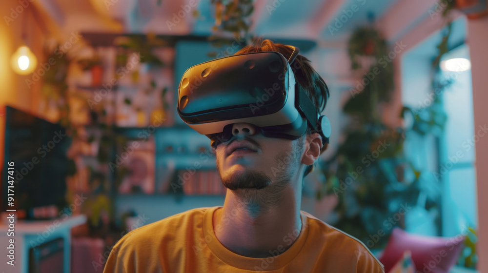 A man in a yellow shirt is wearing a virtual reality headset A man in a yellow shirt is wearing a virtual reality headset