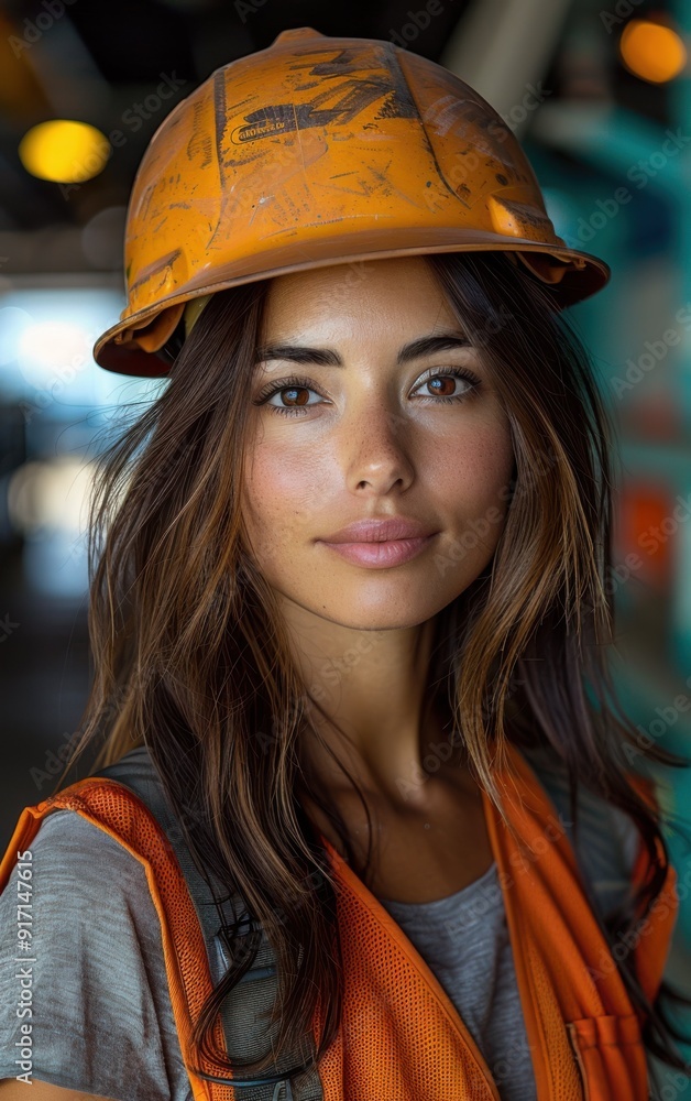A woman wearing a hard hat and orange vest. She has a smile on her face. The photo is of a woman in a construction setting A woman wearing a hard hat and orange vest. She has a smile on her face. The photo is of a woman in a construction setting