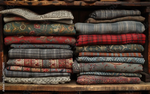 Wallpaper Mural A pile of blankets and pillows on a shelf. The blankets are of different colors and patterns, and the pillows are also of various sizes and shapes. The scene gives off a cozy and comfortable vibe Torontodigital.ca