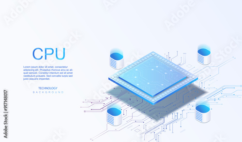 Data base quantum computer banner. Data processing server room with futuristic CPU. Computer network with processor and circuit board. CPU isometric vector background.