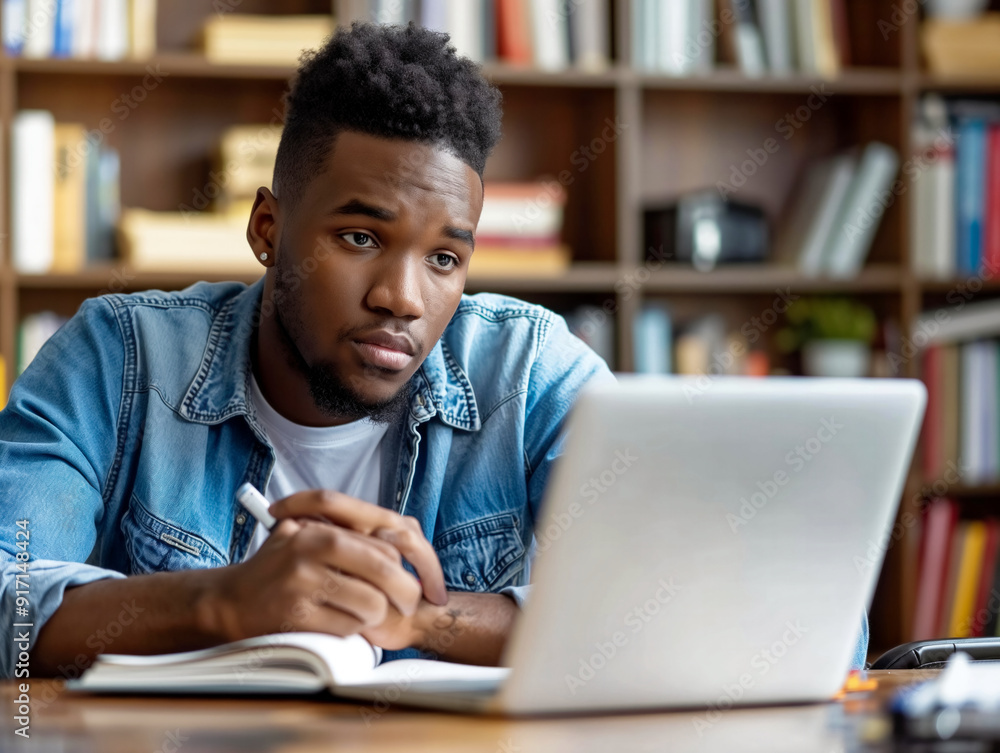 A man is sitting at a desk with a laptop and a notebook. He is writing in the notebook and looking at the laptop. Scene is focused and serious, as the man is working on something important A man is sitting at a desk with a laptop and a notebook. He is writing in the notebook and looking at the laptop. Scene is focused and serious, as the man is working on something important