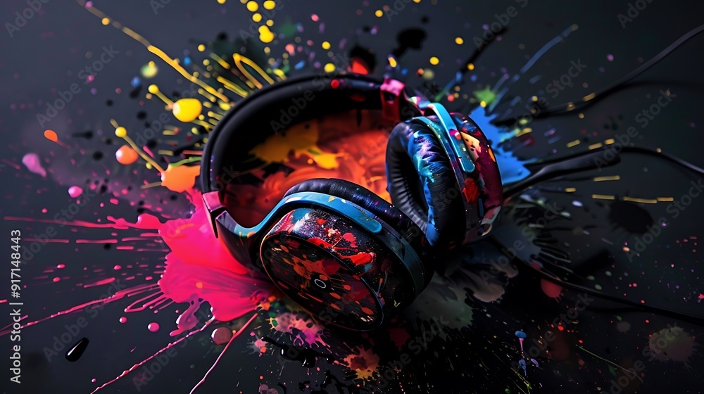 Fototapeta premium Colorful headphones with paint splatters.