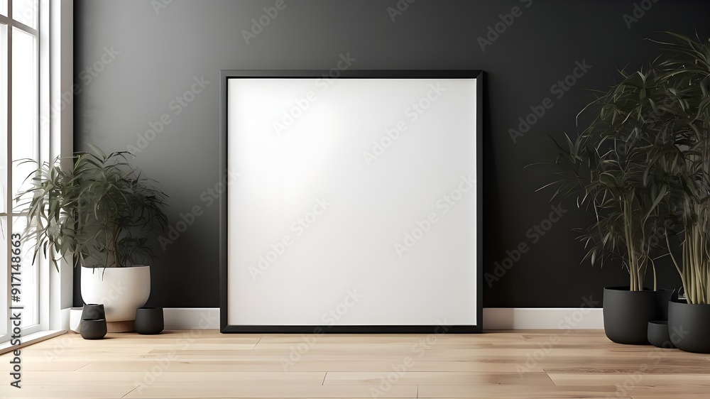 Mockup of a square black frame resting against a white interior with a hardwood floor. Generative AI Mockup of a square black frame resting against a white interior with a hardwood floor. Generative AI