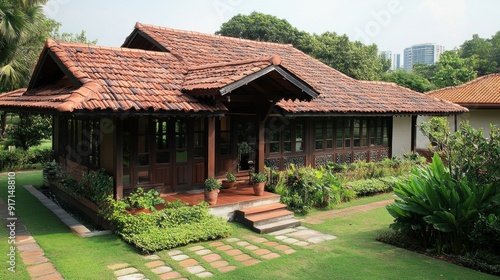 Traditional wooden house with red tile roof and a lush green garden.