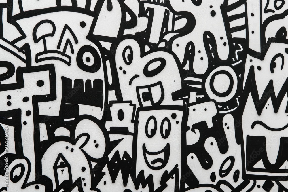 Abstract black and white graffiti style background with playful characters and shapes, featuring a vibrant array of expressions and designs Abstract black and white graffiti style background with playful characters and shapes, featuring a vibrant array of expressions and designs
