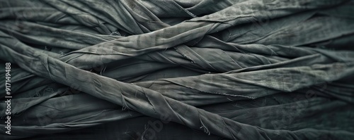 Layered mummy wrappings with a worn and eerie look, Halloween ambiance, editorial photography, empty space for text on side
