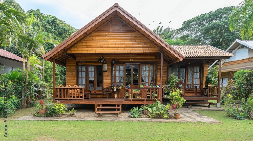 A wooden bungalow with a porch, surrounded by lush tropical foliage. A wooden bungalow with a porch, surrounded by lush tropical foliage.