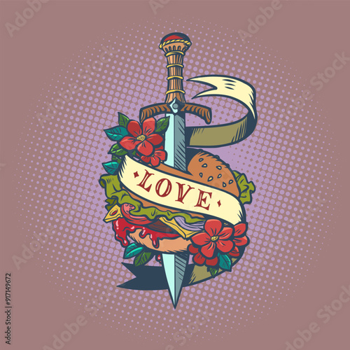 A blade in flowers pierces a burger with the inscription love. Delivery of delicious burgers to all customers. The problem with the habit of eating fast food.